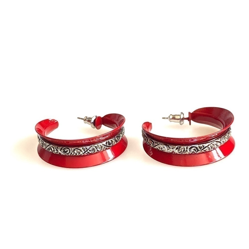 Vintage Earrings Womens Red Hoops Jewelry Enamel